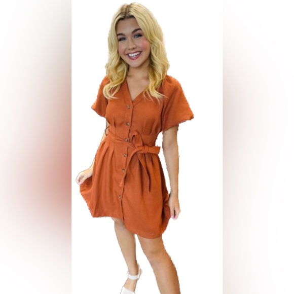 NWT Entro burnt orange puff sleeve button down mini dress with belt, medium - Picture 7 of 7